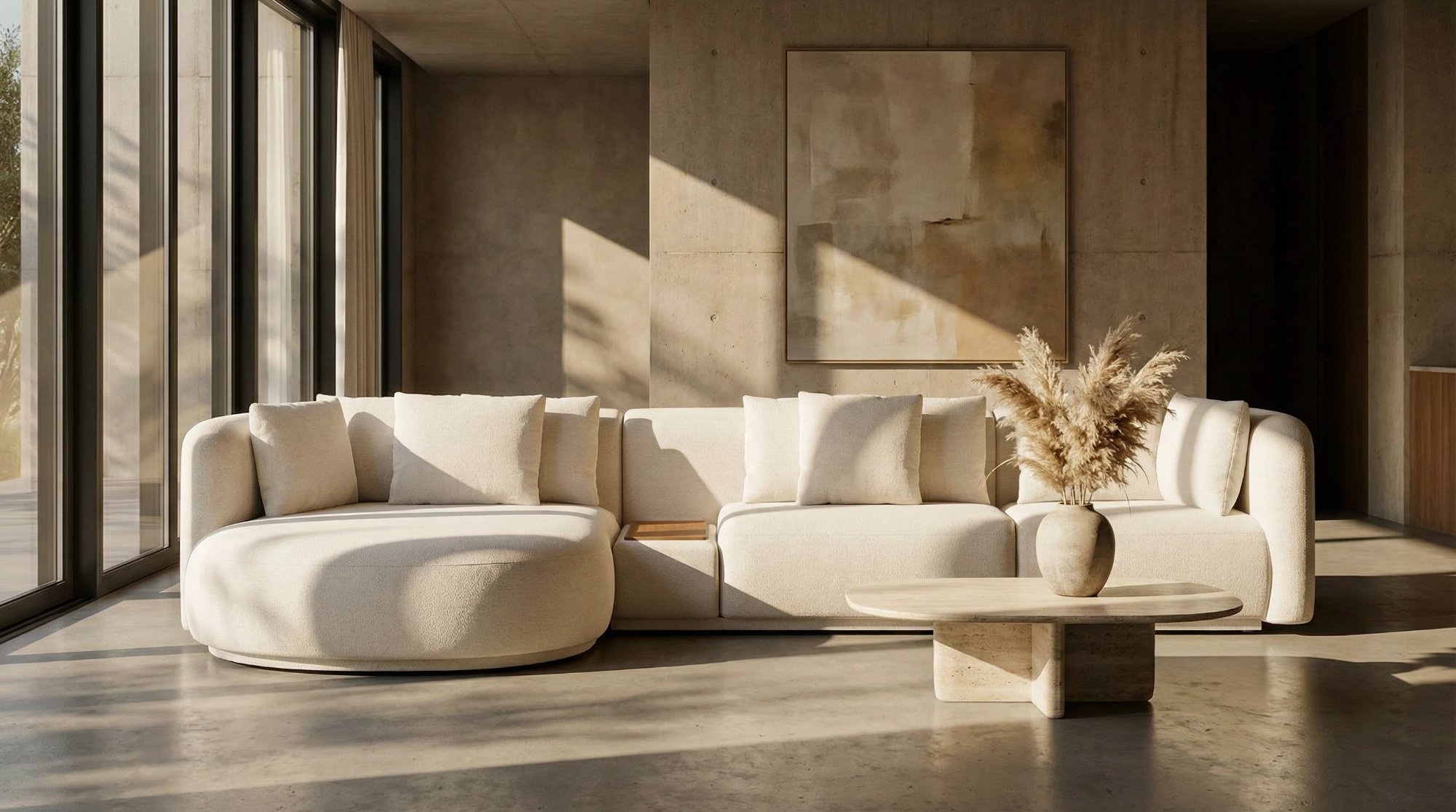 Sofá Ideale em ambiente editorial com concreto aparente e luz natural